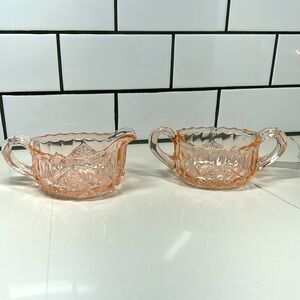 Pink depression, glass sugar and creamer set